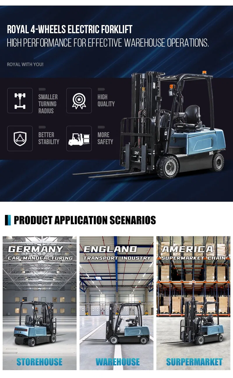 Royal 3 Ton 4 Ton Full Ac Motor Long Working Hours Battery Opration Electric Forklift Truck with Ce Certification